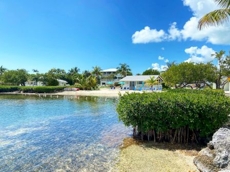 This image shows a peaceful waterfront scene with clear water, lush greenery, and charming houses under a bright blue sky with a few clouds.