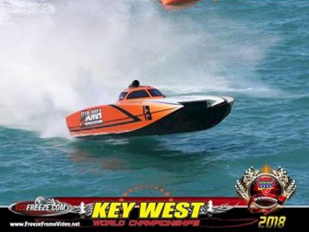 The image shows a speedboat racing on the water with "Key West World Championships 2018" text at the bottom.