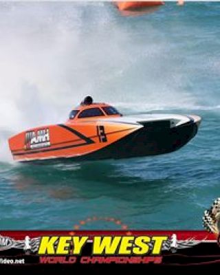 The image shows a speedboat racing on the water with "Key West World Championships 2018" text at the bottom.