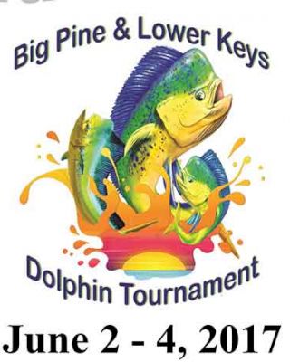 The image is an advertisement for the "Big Pine & Lower Keys Dolphin Tournament" held from June 2 to 4, 2017, featuring colorful fish artwork.
