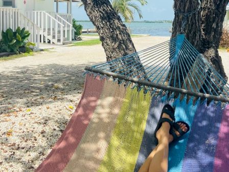 Relaxing in a colorful hammock by the ocean under big trees near a beach house, soaking up the sunny breeze.