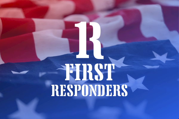 The image shows an American flag background with the text "1R FIRST RESPONDERS" in bold letters.