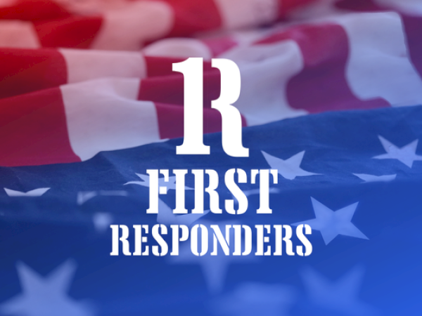 The image shows an American flag background with the text "1R FIRST RESPONDERS" in bold letters.