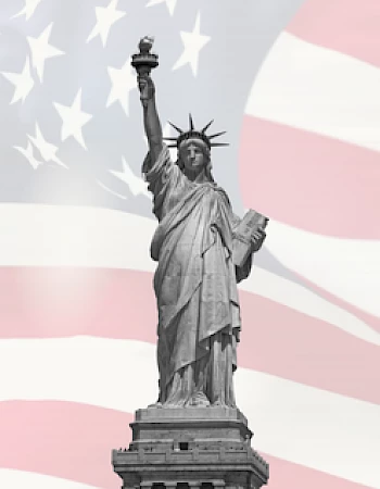 The image features the Statue of Liberty with a background of the American flag, illustrating a symbol of freedom and independence.