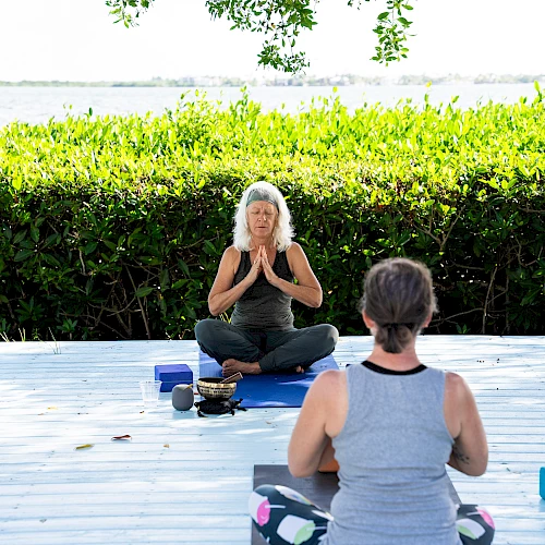 Two people practicing yoga on mats outdoors, facing each other in a serene garden setting. ending with a period.