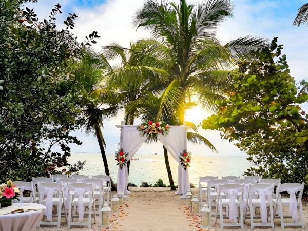 A beach wedding aisle lined with white chairs and floral arches, framed by palm trees at sunset on a sunny shore.