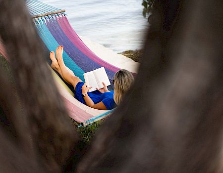 A person relaxing in a striped hammock by the beach, reading a book, framed by tree branches in the foreground.