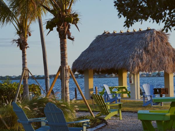 Tropical seaside scene with palm trees, a thatched hut, and colorful Adirondack chairs by the water, perfect for relaxation by the lake.