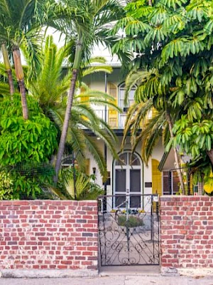 A quiet, tropical entrance with a metal gate, lush palm trees, and a brick wall guarding a cozy home.