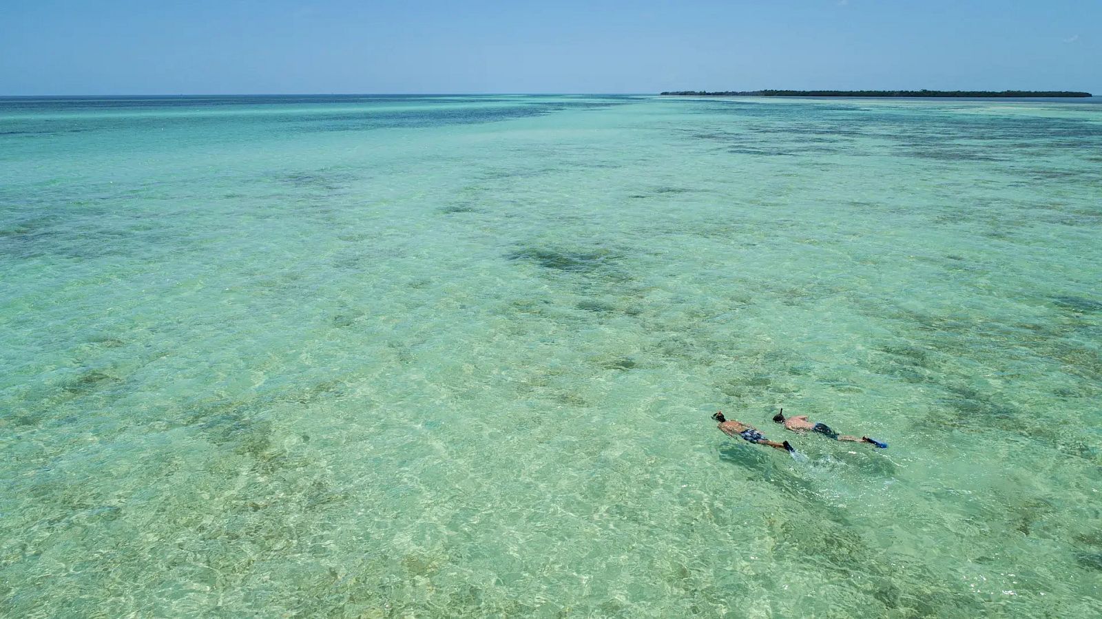 A clear tropical sea with shallow, turquoise waters; two people swimming or snorkeling near the surface, and a long distant horizon under a bright sky.