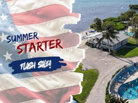 A summer starter banner overlaid on an aerial view of a sunny resort with a pool, palm trees, and blue sea.