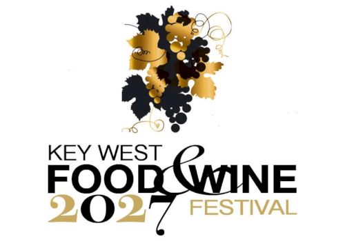 An image logo for the Key West Food & Wine Festival 2022, with a black-and-gold grape-and-vine graphic above the event title.