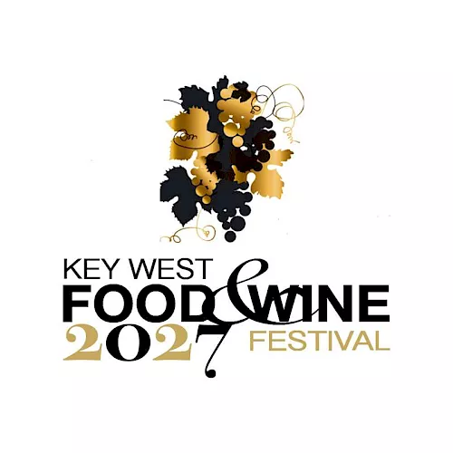 An image logo for the Key West Food & Wine Festival 2022, with a black-and-gold grape-and-vine graphic above the event title.