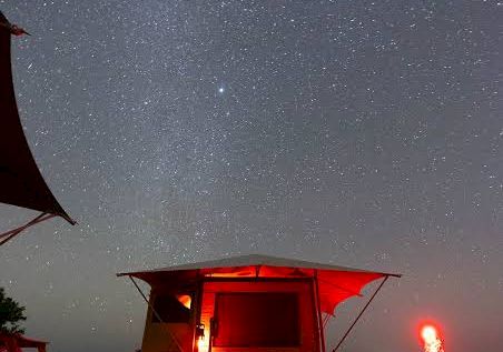 A red-lit telescope/camera rig under a starry night sky with bright stars and a glowing observer.